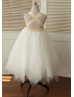 Champagne Flowers Ivory Tulle Handkerchief Hem Lovely Flower Girl Dress